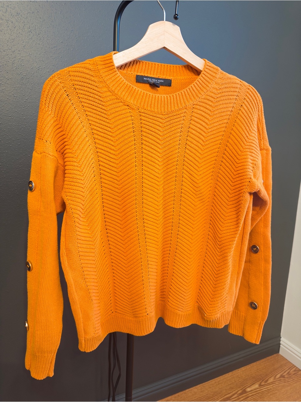 Marc New York Orange Crewneck Sweater with Sleeve Button Detail